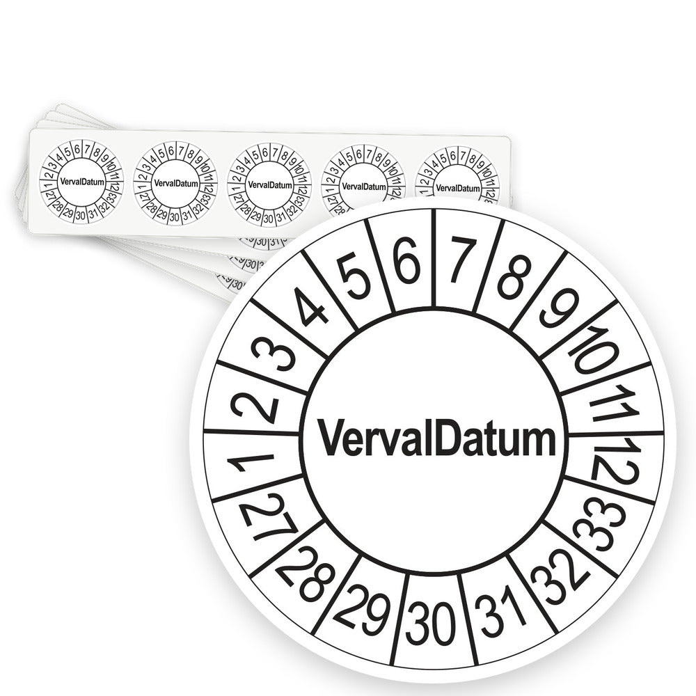 Keuringsstickers Vervaldatum 2027 | 50 stuks, Ø 35 mm | Wit - strook van 5 stickers