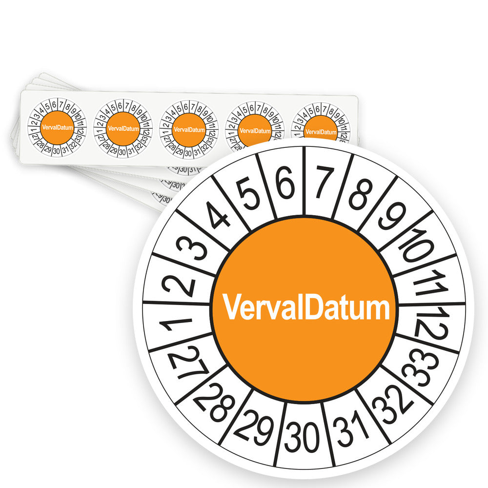 Keuringsstickers Vervaldatum 2027 | 50 stuks, Ø 35 mm | Oranje - strook van 5 stickers