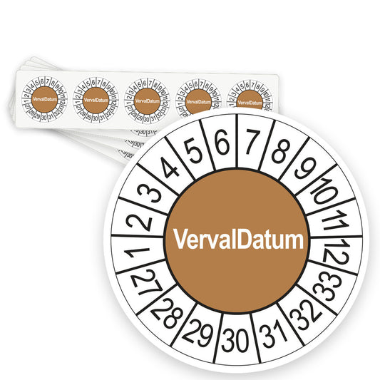 Keuringsstickers Vervaldatum 2027 | 50 stuks, Ø 35 mm | Bruin - strook van 5 stickers