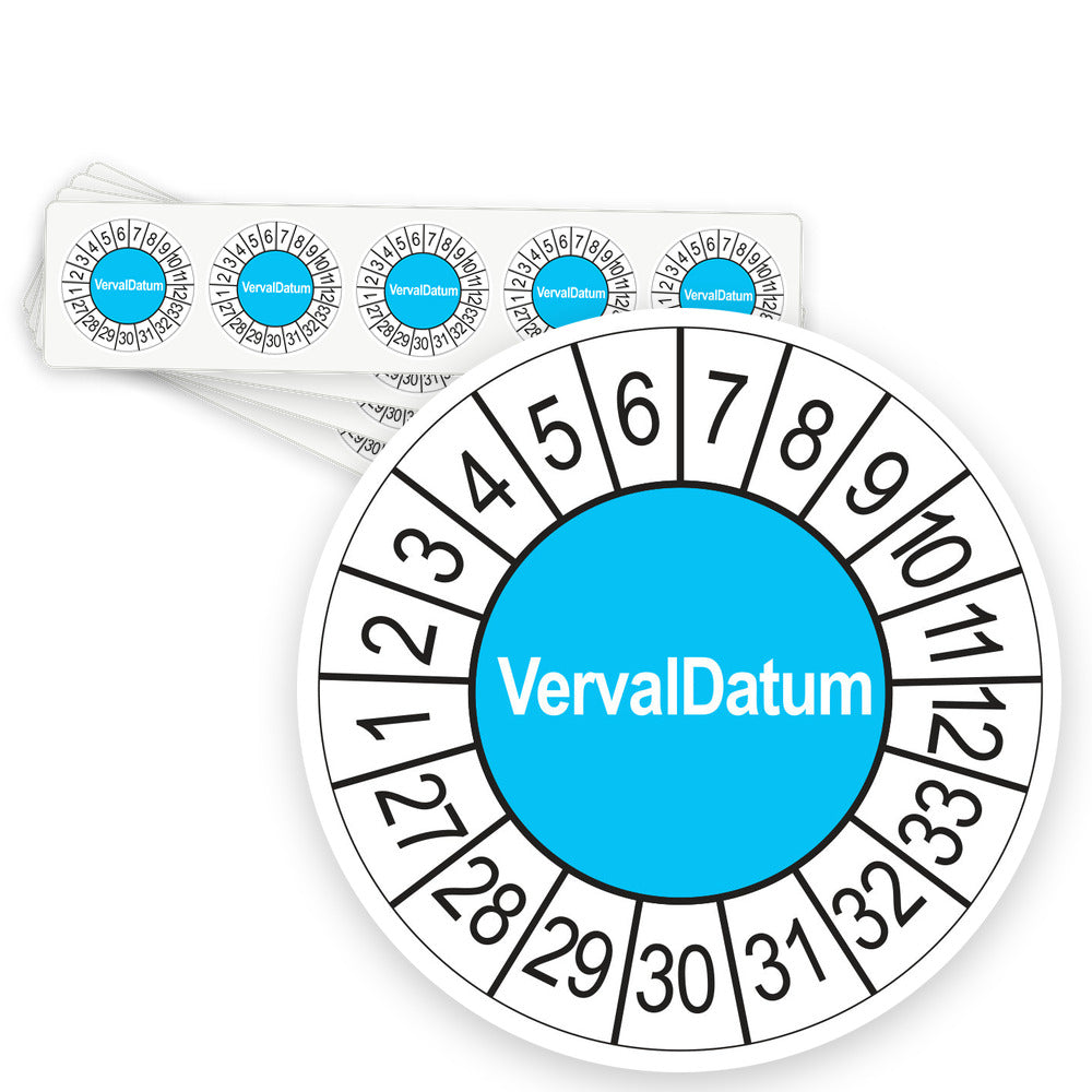 Keuringsstickers Vervaldatum 2027 | 50 stuks, Ø 35 mm | Blauw - strook van 5 stickers