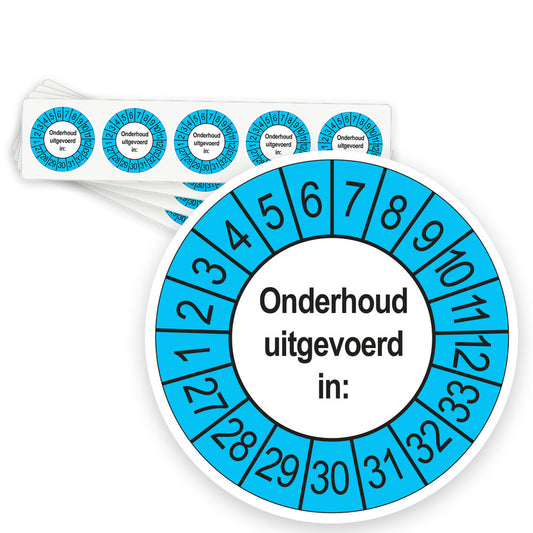 Keuringsstickers Onderhoud Uitgevoerd 2027 | 50 stuks, Ø 35 mm | Buiten Blauw - strook van 5 stickers