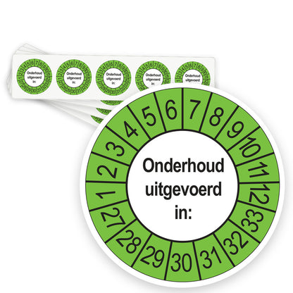 Keuringsstickers Onderhoud Uitgevoerd 2027 | 50 stuks, Ø 35 mm | Buiten Groen - strook van 5 stickers