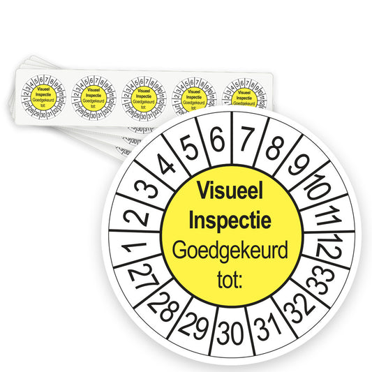 Keuringsstickers Visuele Inspectie 2027 | 50 stuks, Ø 35 mm | Geel - strook van 5 stickers
