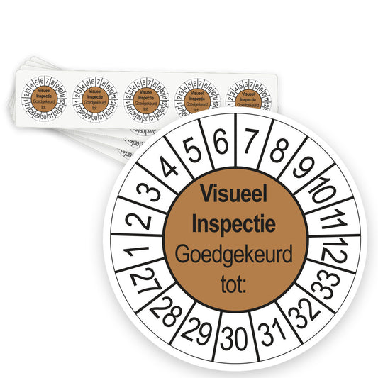 Keuringsstickers Visuele Inspectie 2027 | 50 stuks, Ø 35 mm | Bruin - strook van 5 stickers