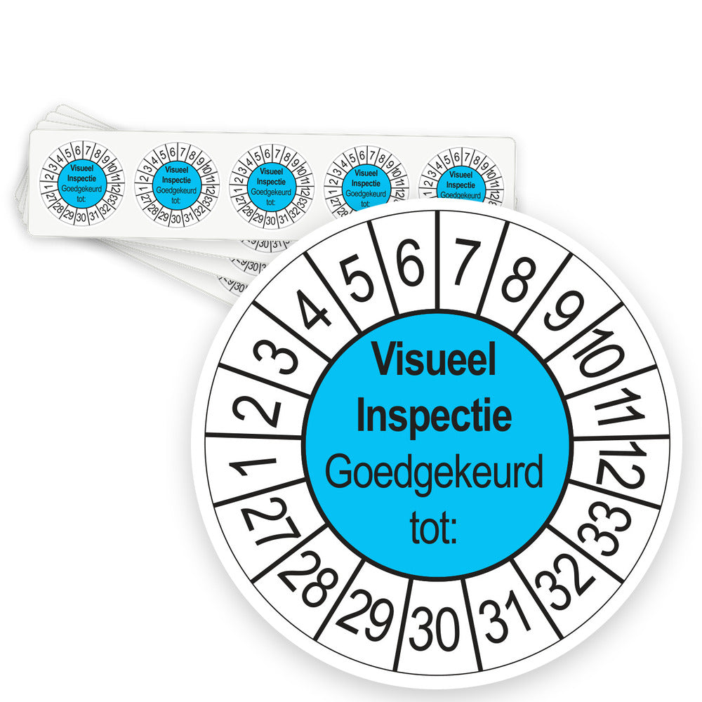 Keuringsstickers Visuele Inspectie 2027 | 50 stuks, Ø 35 mm | Blauw - strook van 5 stickers