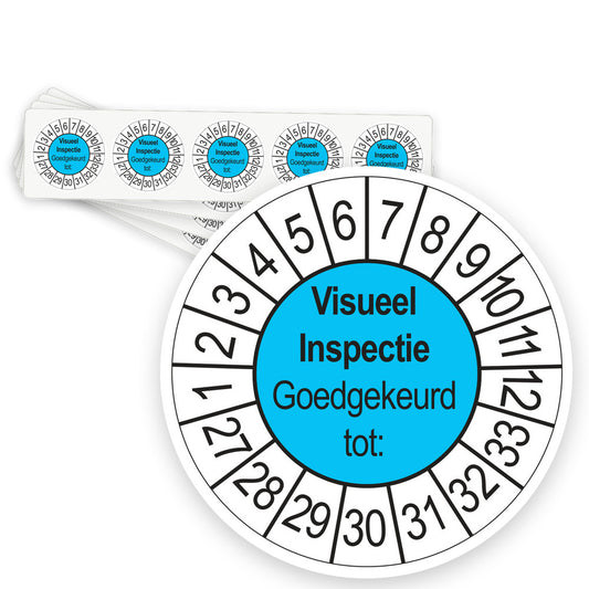 Keuringsstickers Visuele Inspectie 2027 | 50 stuks, Ø 35 mm | Blauw - strook van 5 stickers