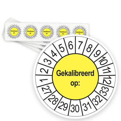 Keuringsstickers Gekalibreerd op 2027 | 50 stuks, Ø 35 mm | Geel - strook van 5 stickers