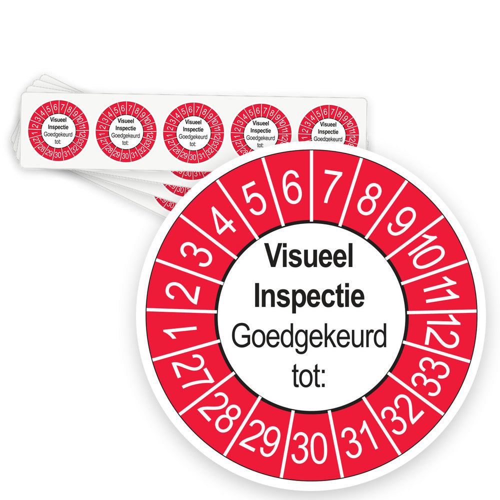 Keuringsstickers Visuele Inspectie 2027 | 50 stuks, Ø 35 mm | Buiten Rood - strook van 5 stickers