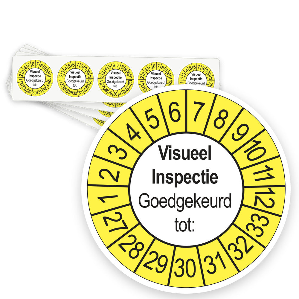 Keuringsstickers Visuele Inspectie 2027 | 50 stuks, Ø 35 mm | Buiten Geel - strook van 5 stickers