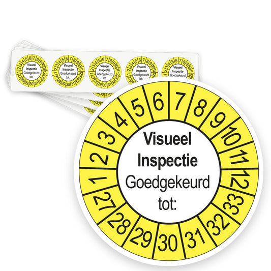 Keuringsstickers Visuele Inspectie 2027 | 50 stuks, Ø 35 mm | Buiten Geel - strook van 5 stickers