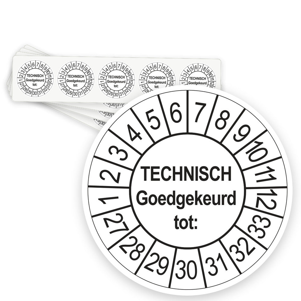 Keuringsstickers Technisch Goedgekeurd tot 2027 | 50 stuks, Ø 35 mm | Wit - strook van 5 stickers