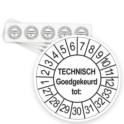 Keuringsstickers Technisch Goedgekeurd tot 2027 | 50 stuks, Ø 35 mm | Wit - strook van 5 stickers