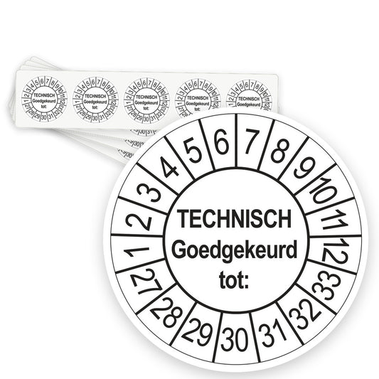 Keuringsstickers Technisch Goedgekeurd tot 2027 | 50 stuks, Ø 35 mm | Wit - strook van 5 stickers