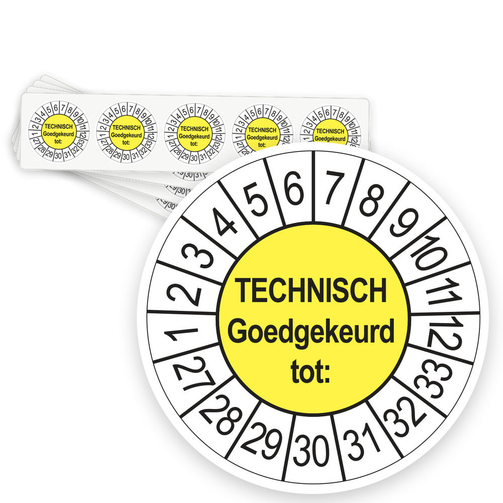 Keuringsstickers Technisch Goedgekeurd tot 2027 | 50 stuks, Ø 35 mm | Geel - strook van 5 stickers