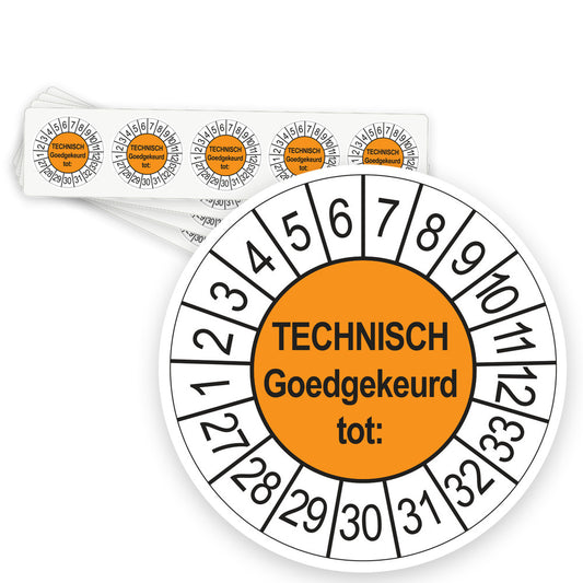 Keuringsstickers Technisch Goedgekeurd tot 2027 | 50 stuks, Ø 35 mm | Oranje - strook van 5 stickers