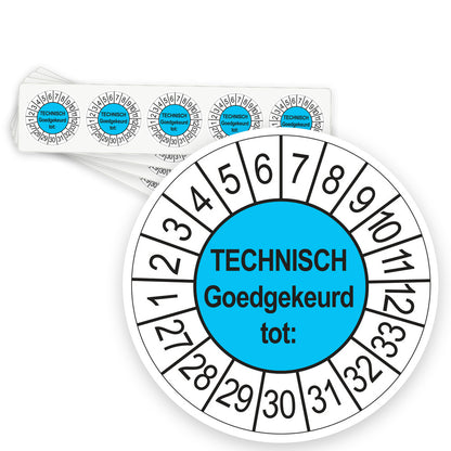 Keuringsstickers Technisch Goedgekeurd tot 2027 | 50 stuks, Ø 35 mm | Blauw - strook van 5 stickers