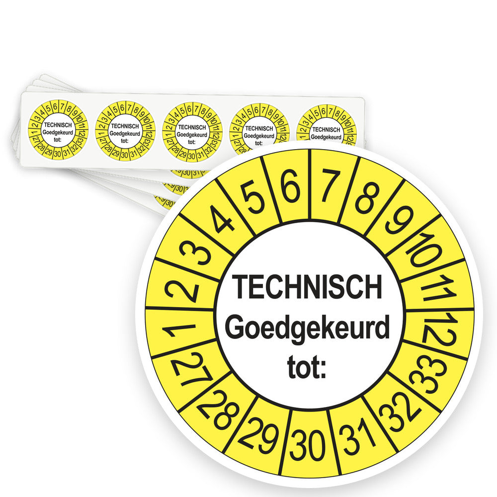 Keuringsstickers Technisch Goedgekeurd tot 2027 | 50 stuks, Ø 35 mm | Buiten Geel - strook van 5 stickers