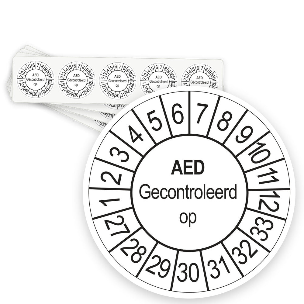 Keuringsstickers AED Gecontroleerd op 2027 | 50 stuks, Ø 35 mm | Wit - strook van 5 stickers