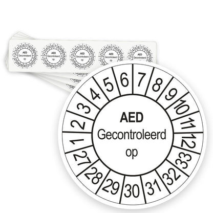 Keuringsstickers AED Gecontroleerd op 2027 | 50 stuks, Ø 35 mm | Wit - strook van 5 stickers