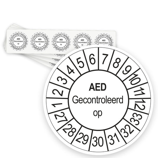 Keuringsstickers AED Gecontroleerd op 2027 | 50 stuks, Ø 35 mm | Wit - strook van 5 stickers