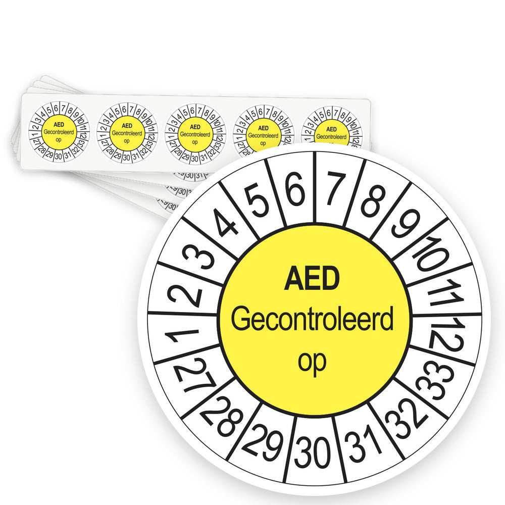 Keuringsstickers AED Gecontroleerd op 2027 | 50 stuks, Ø 35 mm | Geel - strook van 5 stickers