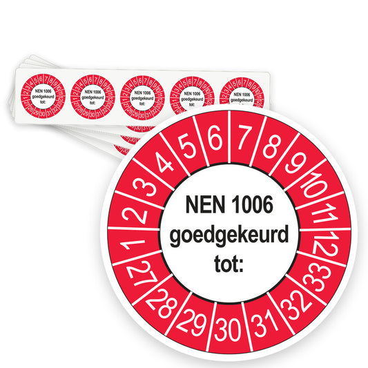 Keuringsstickers NEN 1006 2027 | 50 stuks, Ø 35 mm | Buiten Rood - strook van 5 stickers