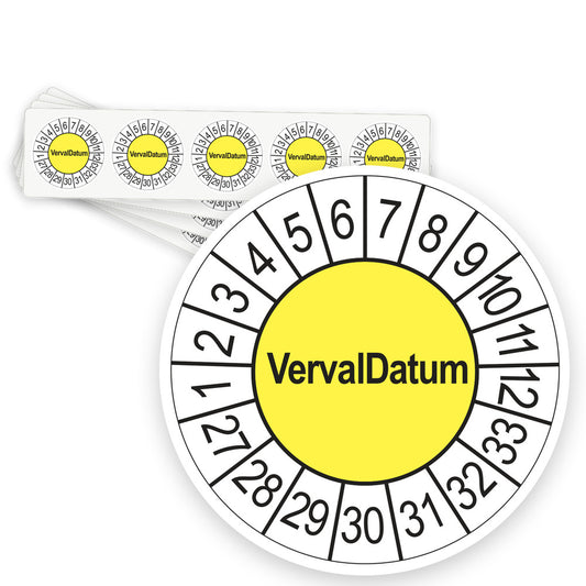 Keuringsstickers Vervaldatum 2027 | 50 stuks, Ø 35 mm | Geel - strook van 5 stickers
