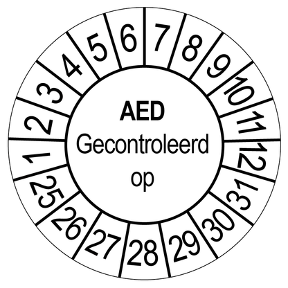 Keuringssticker AED gecontroleerd op, wit met zwarte opdruk, rond 35 mm vinyl