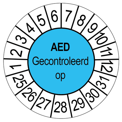 Keuringssticker AED gecontroleerd op, blauw met witte cijferrand, rond 35 mm vinyl