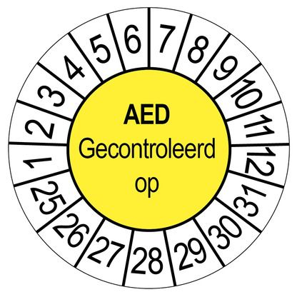 Keuringssticker AED gecontroleerd op, geel met witte cijferrand, rond 35 mm vinyl