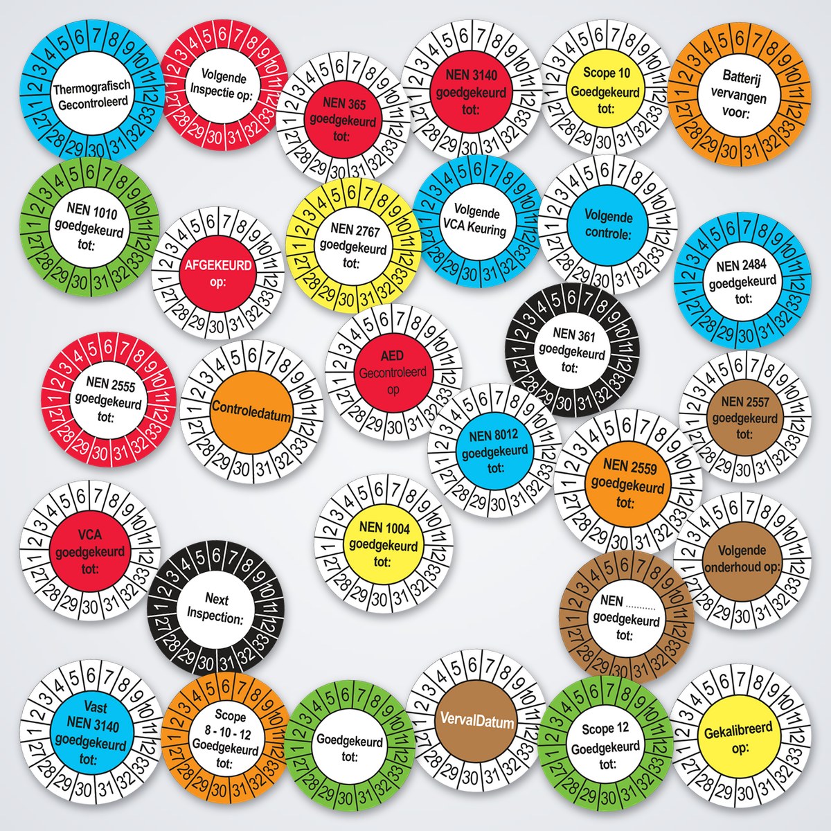 Verzameling keuringsstickers 2027: ronde 35 mm keuringsstickers van Ricard in verschillende kleuren