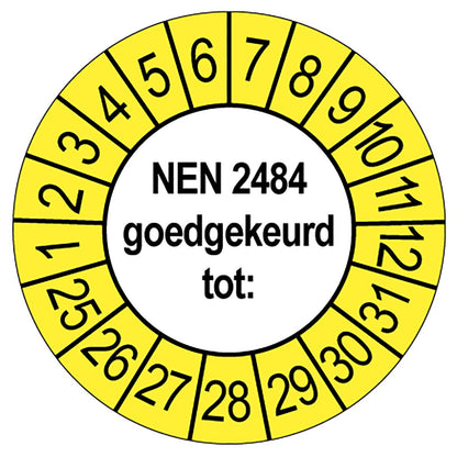 Keuringssticker NEN 2484 goedgekeurd, wit met gele buitenrand, rond 35 mm vinyl
