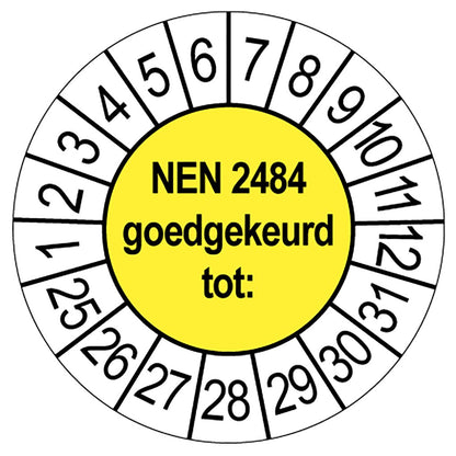 Keuringssticker NEN 2484 goedgekeurd, geel met witte cijferrand, rond 35 mm vinyl