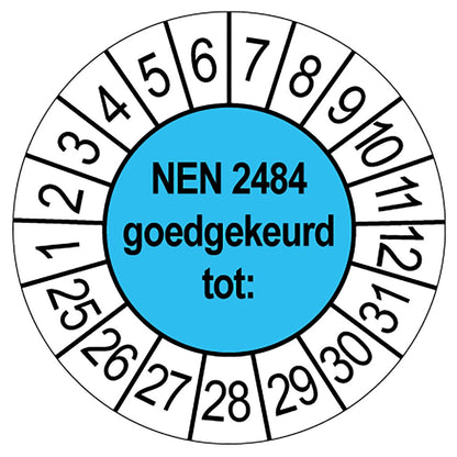 Keuringssticker NEN 2484 goedgekeurd, blauw met witte cijferrand, rond 35 mm vinyl