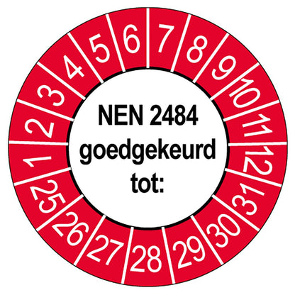 Keuringssticker NEN 2484 goedgekeurd, wit met rood-witte buitenrand, rond 35 mm vinyl