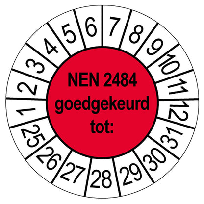 Keuringssticker NEN 2484 goedgekeurd, rood met witte cijferrand, rond 35 mm vinyl