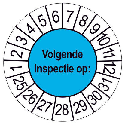 Keuringssticker Volgende Inspectie op, blauw met witte cijferrand, rond 35 mm vinyl