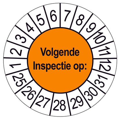 Keuringssticker Volgende Inspectie op, oranje met witte cijferrand, rond 35 mm vinyl