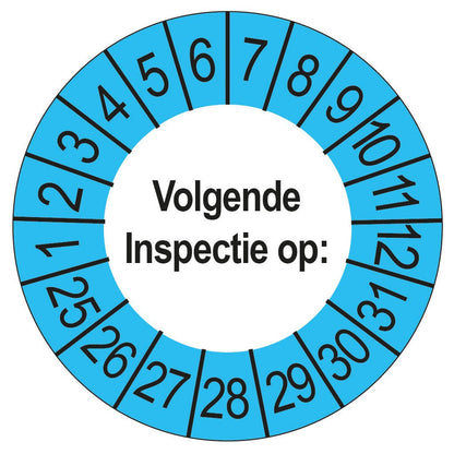 Keuringssticker Volgende Inspectie op, wit met blauwe buitenrand, rond 35 mm vinyl