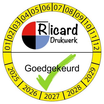 Keuringsstickers vrij te ontwerpen in onze online studio Gele buitenring logo - Ricard Pictogram stickers -