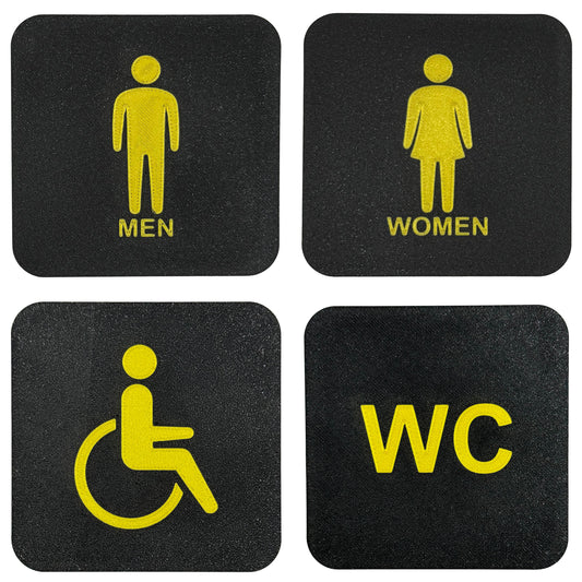 4x WC bordjes | Man, Vrouw, Invalide,  | 10 cm vierkant 2 mm dik | PLA Bio Plastic | Zwart Goud