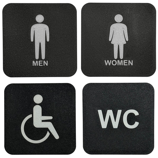 4x WC bordjes | Man, Vrouw, Invalide,  | 10 cm vierkant 2 mm dik | PLA Bio Plastic | Zwart Zilver