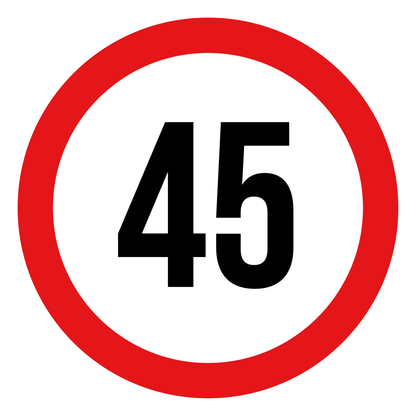 Max snelheid 45 sticker, rond rood-wit-zwart, weerbestendig vinyl