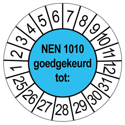 Blauwe keuringssticker NEN 1010 goedgekeurd tot, rond 35 mm, met maand- en jaarrand