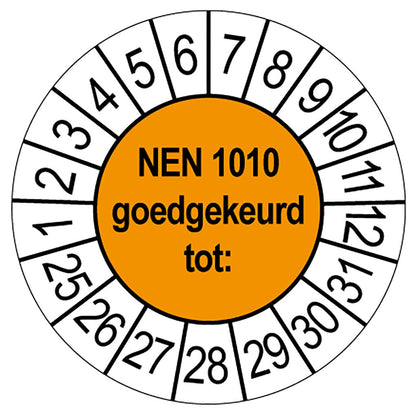 Oranje keuringssticker NEN 1010 goedgekeurd tot, rond 35 mm, met maand- en jaarrand