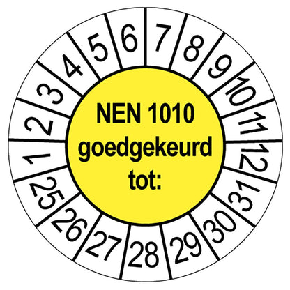 Gele keuringssticker NEN 1010 goedgekeurd tot, rond 35 mm, met maand- en jaarrand