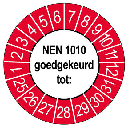 Keuringssticker NEN 1010 goedgekeurd tot, rond 35 mm, wit met rood-witte buitenrand