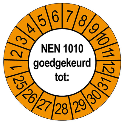 Keuringssticker NEN 1010 goedgekeurd tot, rond 35 mm, wit met oranje buitenrand