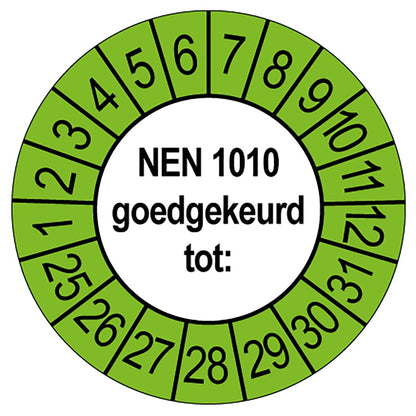 Keuringssticker NEN 1010 goedgekeurd tot, rond 35 mm, wit met groene buitenrand