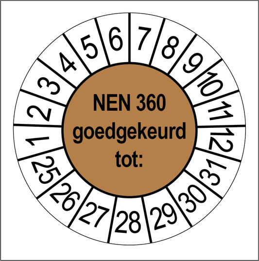 Keuringssticker NEN 360 goedgekeurd, bruin met witte cijferrand, rond 35 mm vinyl